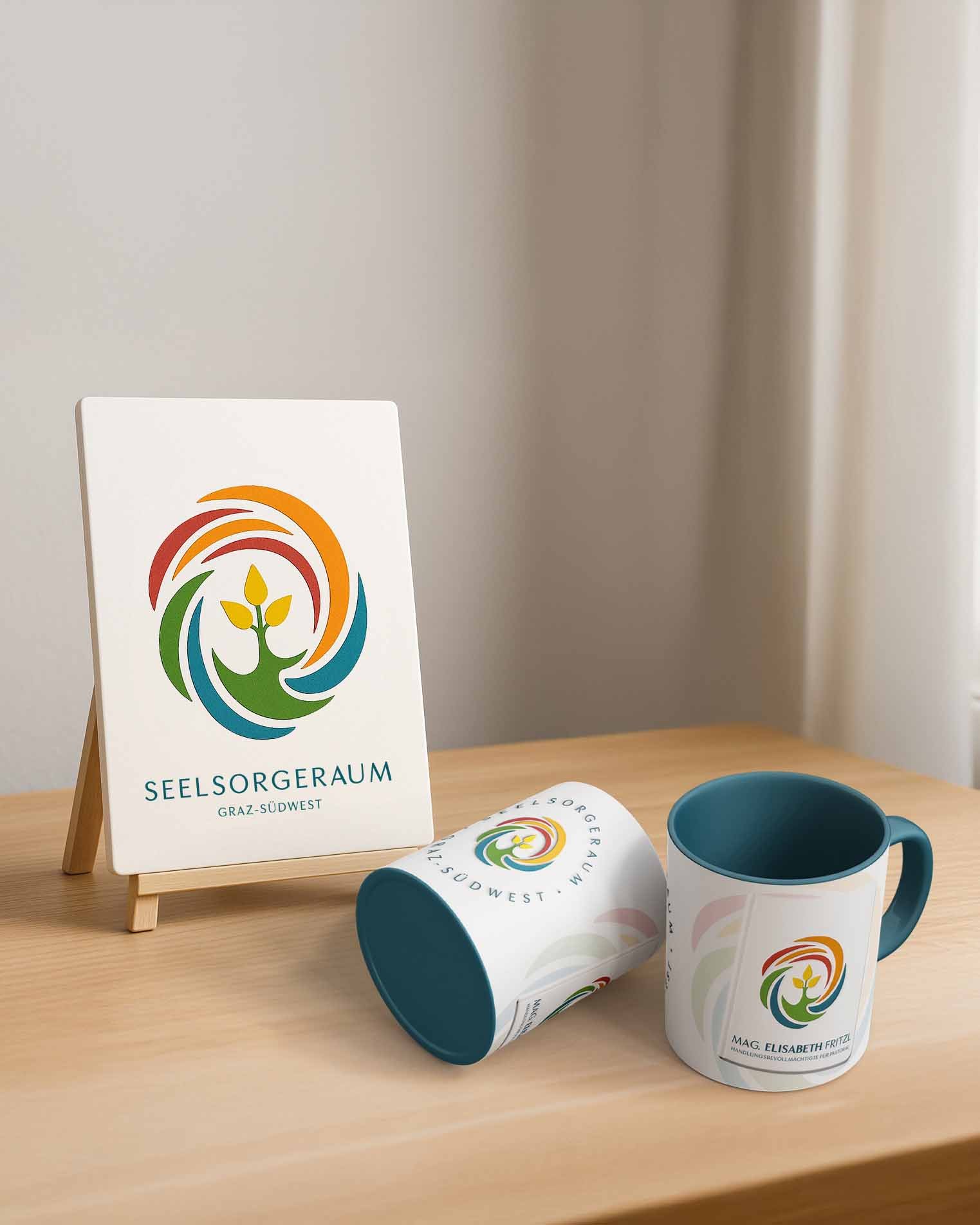 Personalisierte Kaffeetassen mit Logo des Seelsorgeraums Graz Südwest als Kundengeschenk