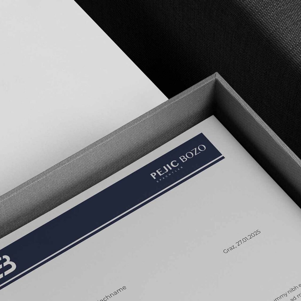 Nahaufnahme eines Aktenordners mit BOZO PEJIC Logo in weiß auf dunkelblauer Fläche – Corporate Design im Handwerksbereich