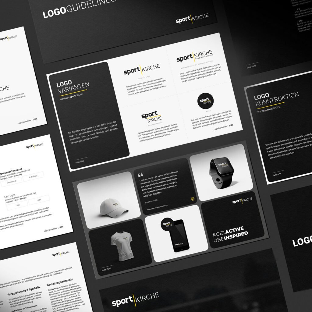 Mockup einer Markenrichtlinie für die Sportkirche mit Logo-Varianten, Typografie, Farben, Produktbeispielen und Claim „Be Active. Be Inspired.“