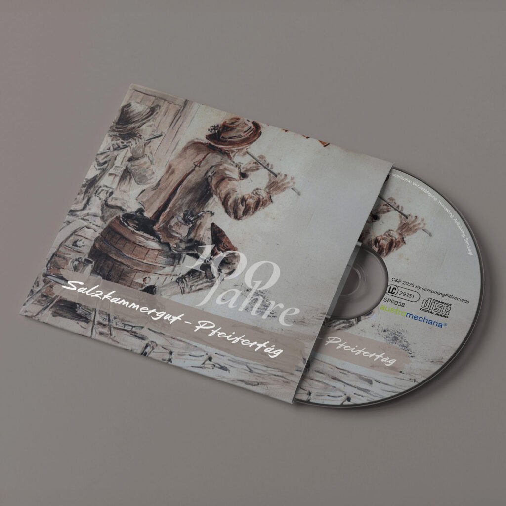 CD und Hülle zum 100-jährigen Pfeifertag mit Illustration von zwei Musikanten.