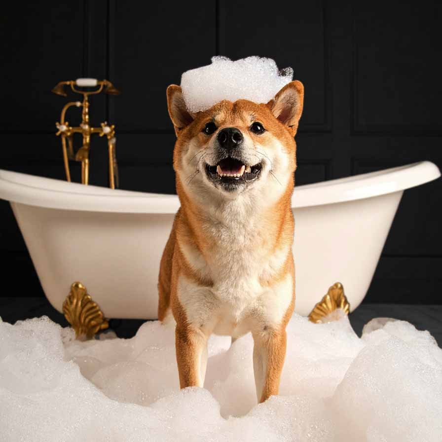 Glücklicher Shiba Inu steht vor einer weißen Vintage-Badewanne, umgeben von Badeschaum, mit Schaumkrone auf dem Kopf – Markenfoto für Hundesalon.