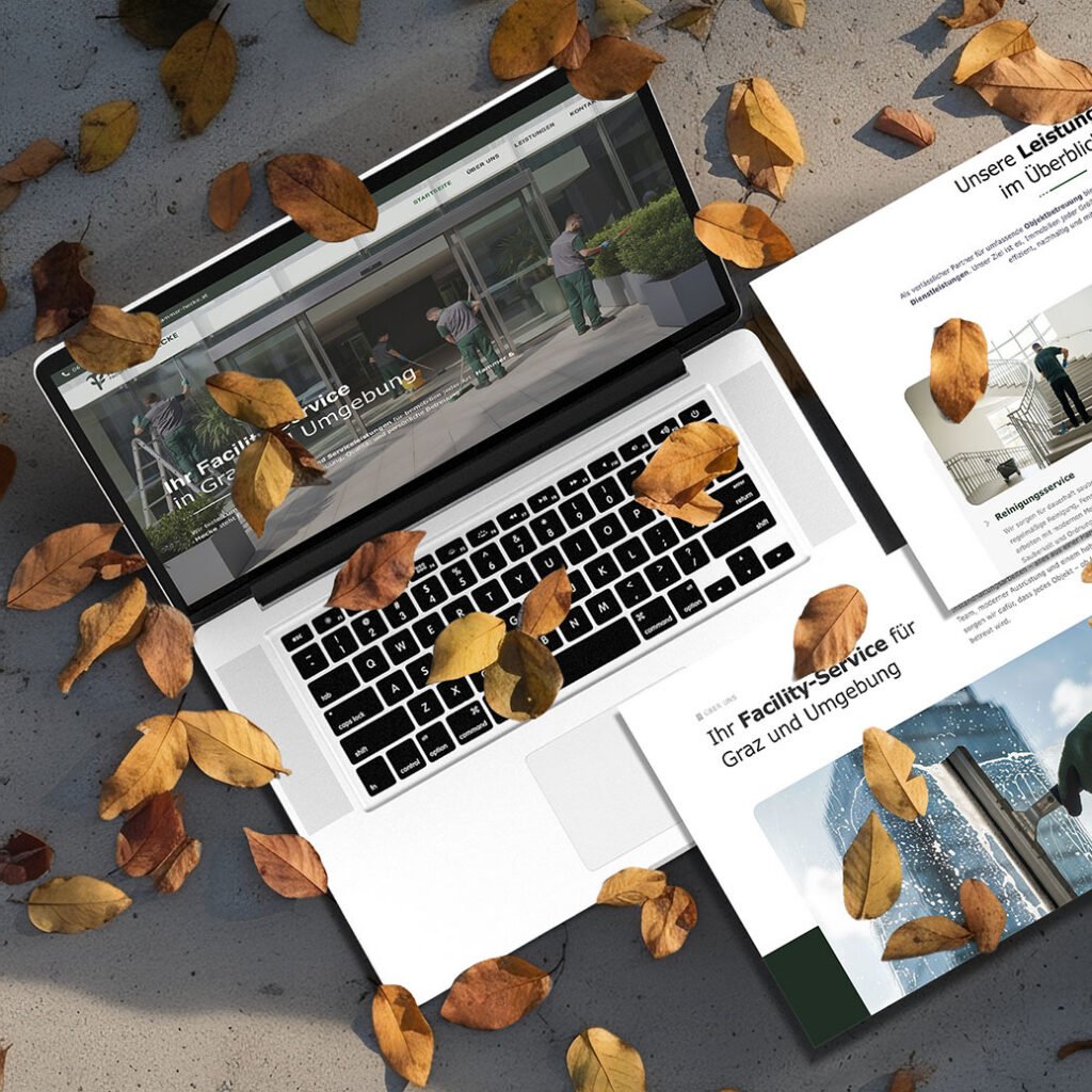 Laptop mit geöffneter Website von Hammer & Hecke Facility-Service zwischen Herbstlaub, Webdesign für Reinigungsservice Graz, modernes responsives Screendesign für Gebäudereinigung