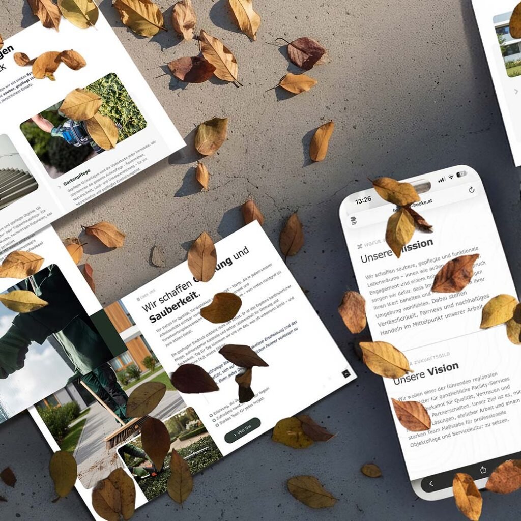 Mobile Website Hammer & Hecke auf Smartphone mit Herbstlaub, modernes Webdesign Gebäudereinigung Graz, responsiver Auftritt Facility-Service