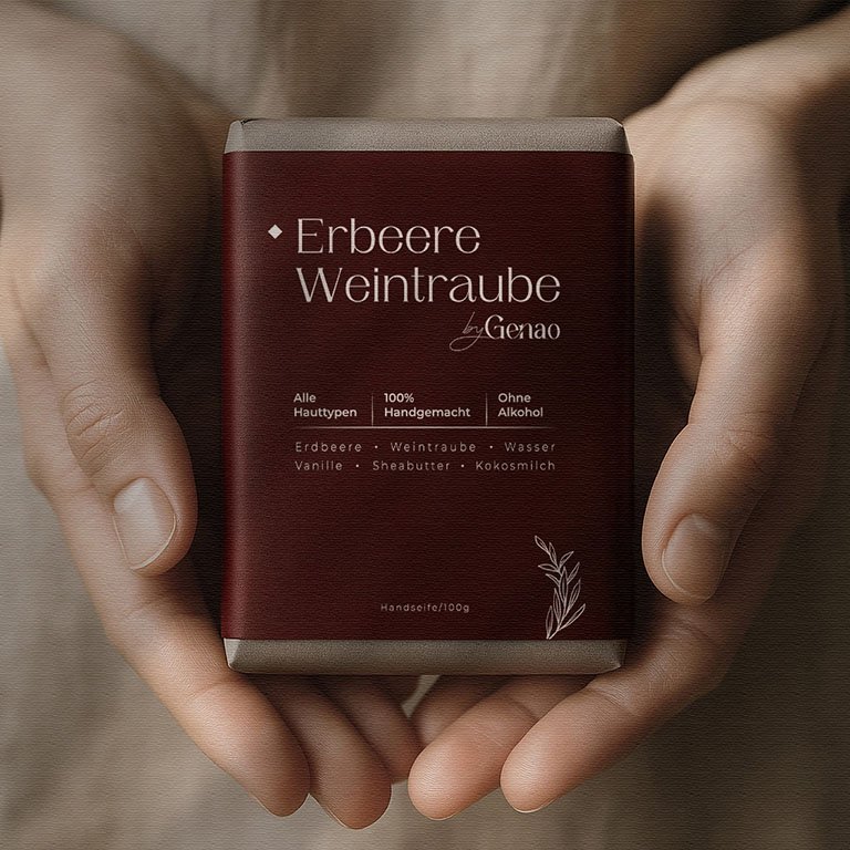 Hand hält quadratische Naturseife mit bordeauxfarbener Banderole und weißer Aufschrift vor neutralem Hintergrund – Fokus auf Hautverträglichkeit & Handgemachtes