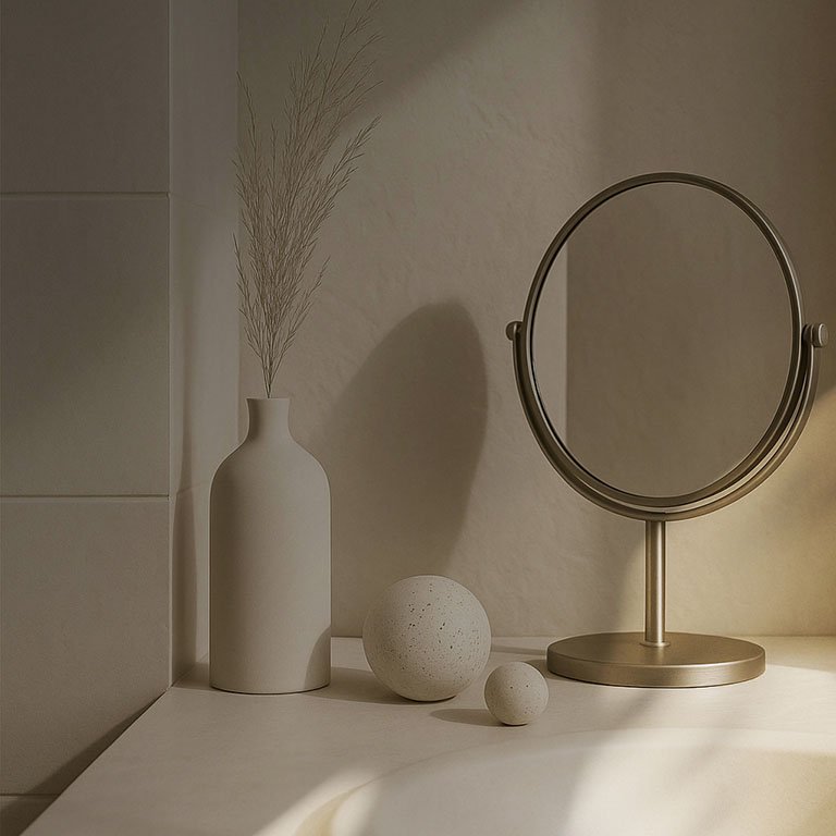 Minimalistische Seifen-Szene mit Spiegel, Keramikvasen und Naturdeko – Lichtspiel auf hellem Untergrund