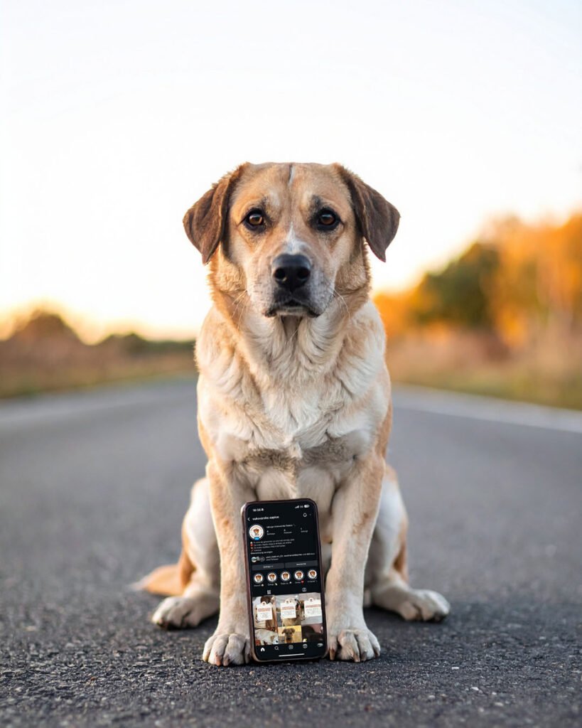Hund sitzt auf einer Straße und zeigt ein Smartphone mit dem Instagram-Profil des Tierschutzvereins Vukovarske Šapice.