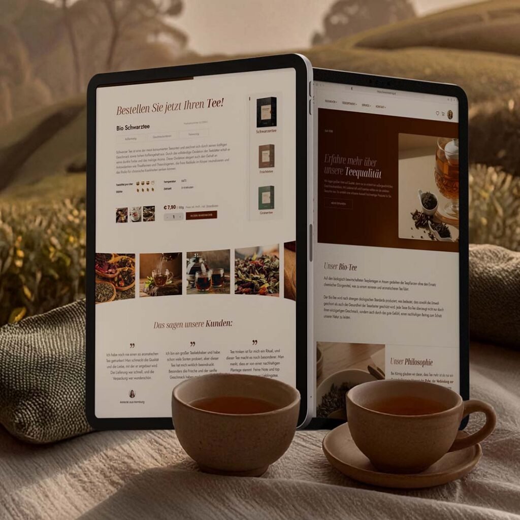Zwei Tablets mit geöffneten Seiten der Körnig Tee Website – links Produktübersicht, rechts Markenphilosophie