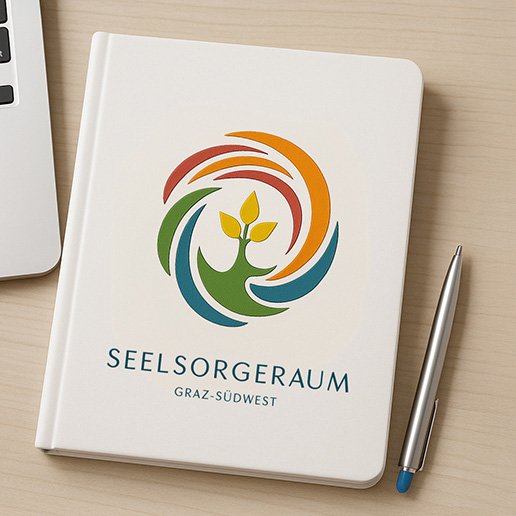 Weißes Notizbuch mit farbigem Logo des Seelsorgeraums Graz-Südwest, das eine Pflanze mit drei gelben Blüten in einem Kreis aus dynamischen Farbformen zeigt.