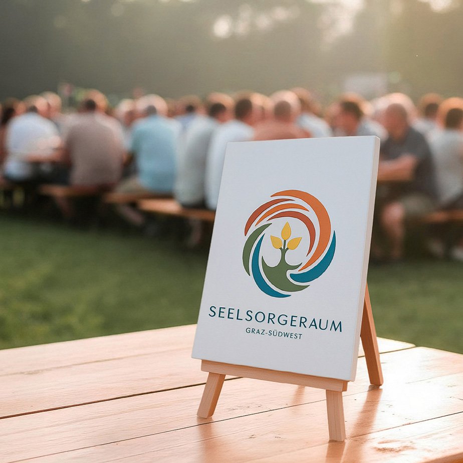 Logo des Seelsorgeraums Graz-Südwest auf Staffelei bei einer Gartenveranstaltung mit Tischen und Menschen im Hintergrund.