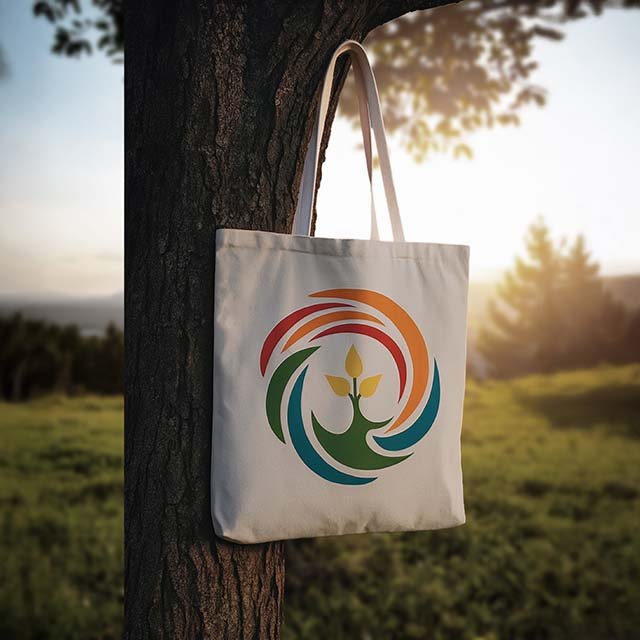 Logo des Seelsorgeraums Graz-Südwest auf Staffelei bei einer Gartenveranstaltung mit Tischen und Menschen im Hintergrund.