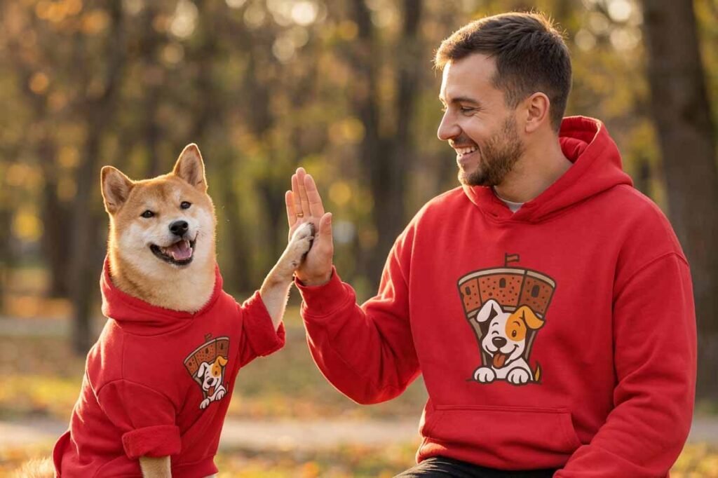 Mann und Hund im roten Hoodie mit identischem Hunde-Motiv, kreatives Merchandise Design von teyape.design