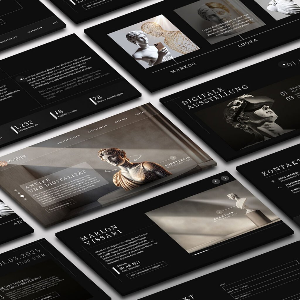 Webdesign-Vorschau des Museums für digitale Kunst mit mehreren gestapelten Seitenansichten – moderne digitale Gestaltung mit klassischer Skulptur.