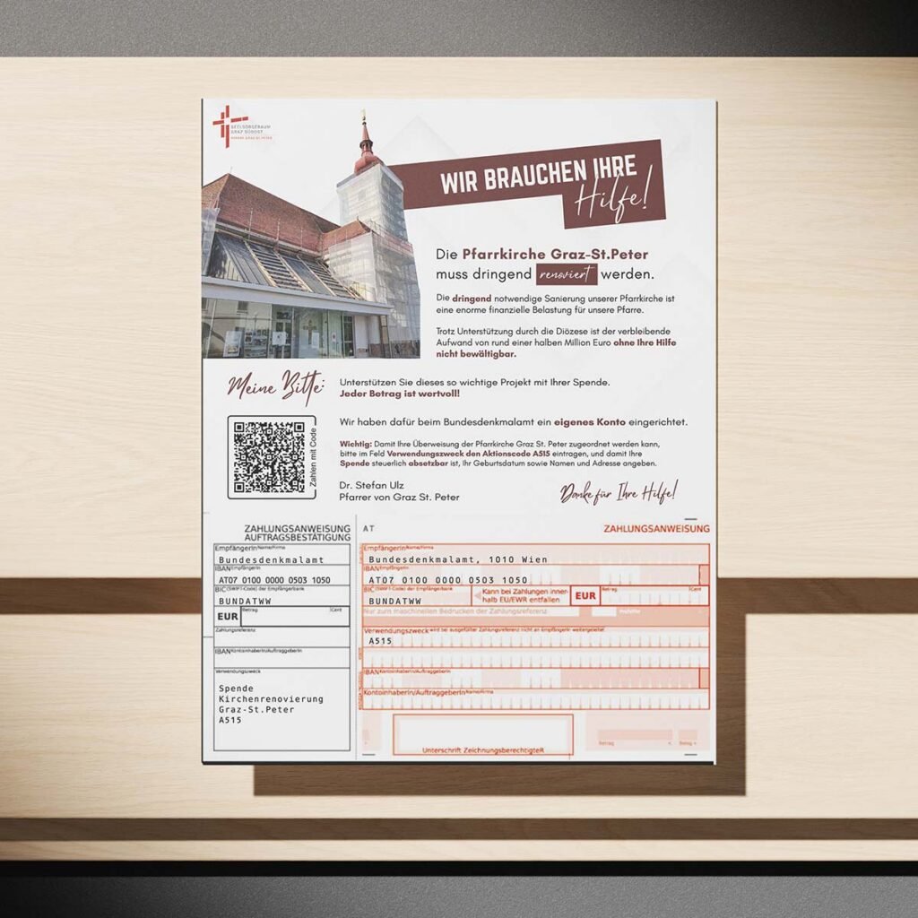 Flyer für die Pfarrkirche Graz-St. Peter mit integrierter Zahlungsanweisung zur Renovierung.