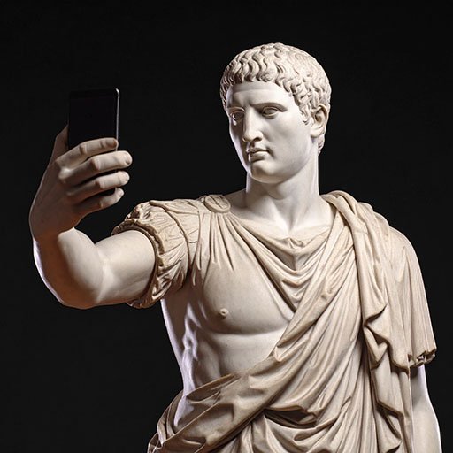 Klassische Marmorstatue einer römischen Figur, die ein Selfie mit einem Smartphone macht – moderne Interpretation antiker Kunst.