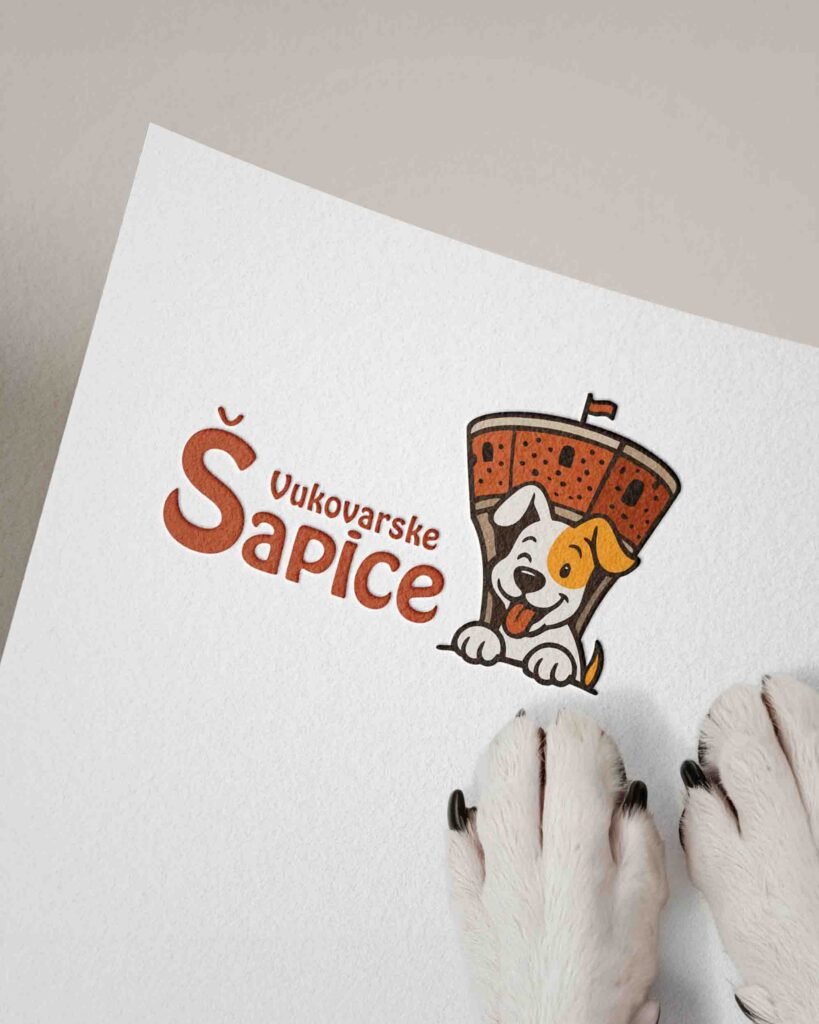 Gedrucktes Logo von Vukovarske Šapice auf Papier mit Hundepfoten – Logoentwicklung und Branding für Tierschutzverein.