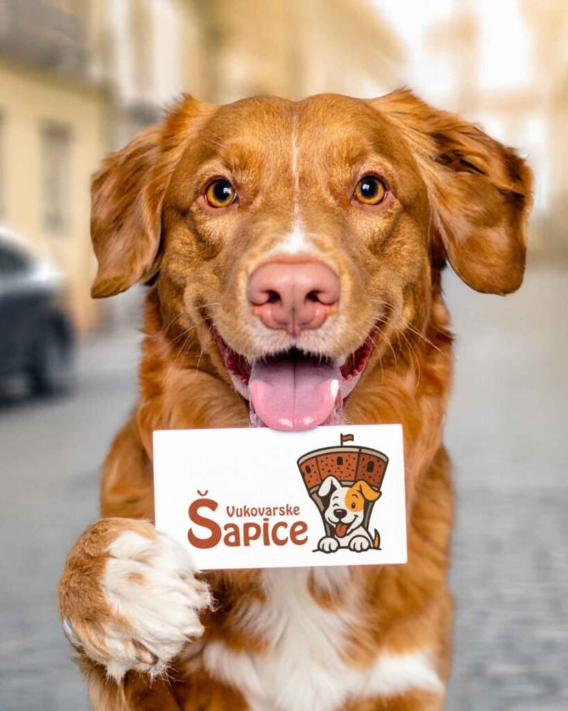 Hund hält eine Karte mit dem Logo von Vukovarske Šapice in der Hand.