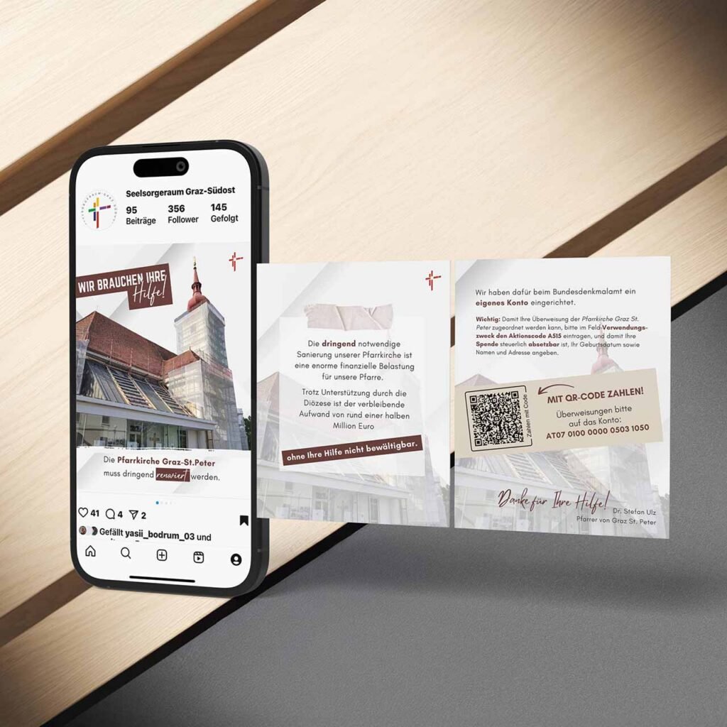 Instagram-Post und Flyer-Innenseite für die Spendenkampagne zur Renovierung der Pfarrkirche Graz-St. Peter.