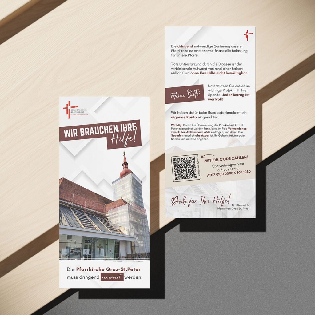 Flyer-Design für die Pfarrkirche Graz-St. Peter mit Spendenaufruf für die dringend notwendige Renovierung.