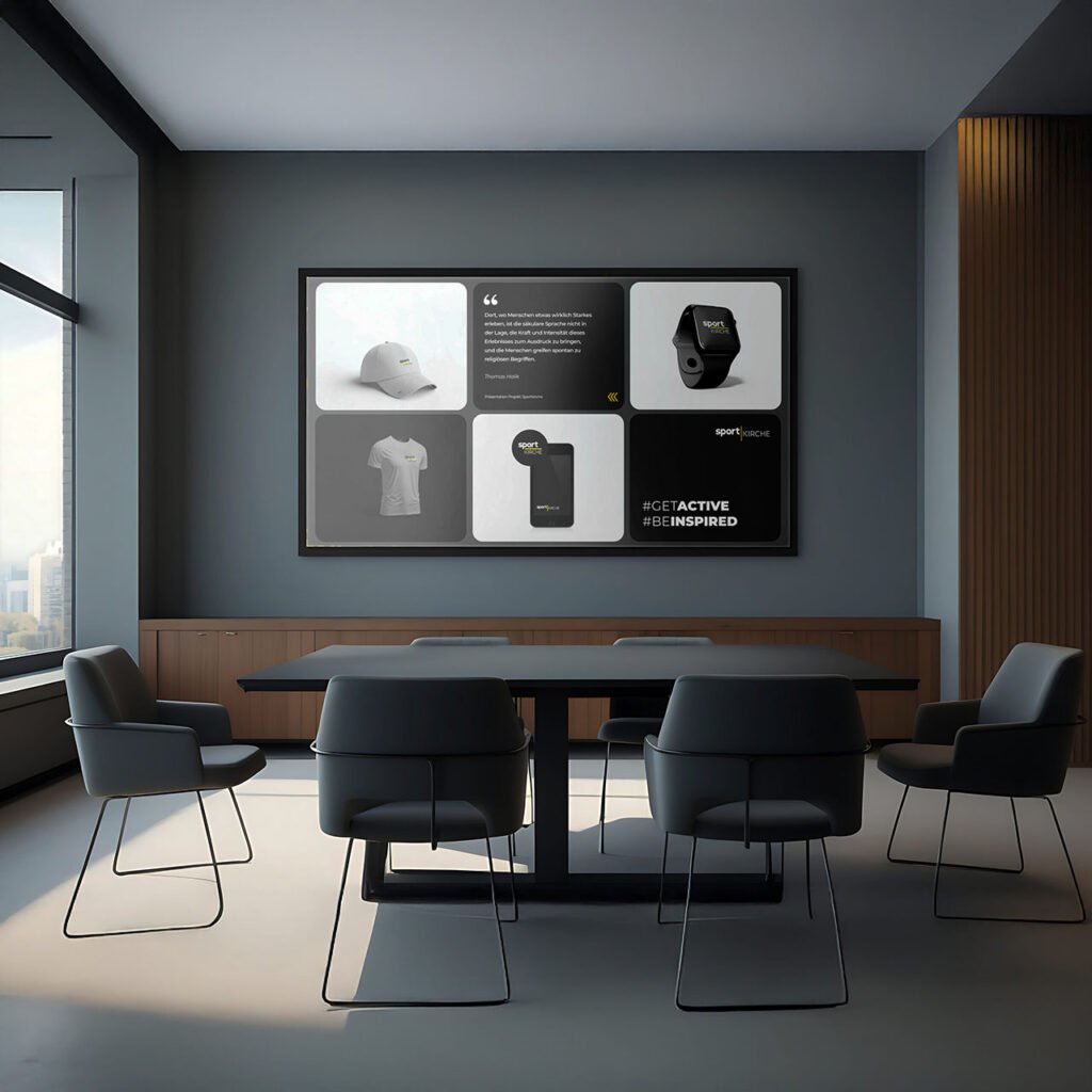 Präsentation von Sportkirche-Produkten (Cap, Shirt, Smartwatch, Poster) in modernem Konferenzraum – Branding mit Claim „Be Active. Be Inspired.“