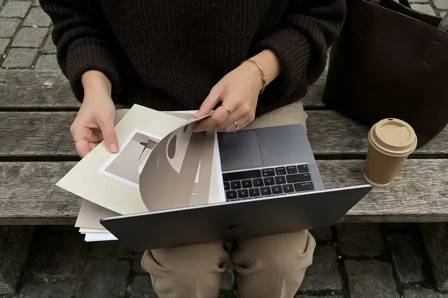Detailaufnahme von Designunterlagen, Laptop und Kaffeebecher während der Gestaltungsarbeit bei teyape.design in Graz.