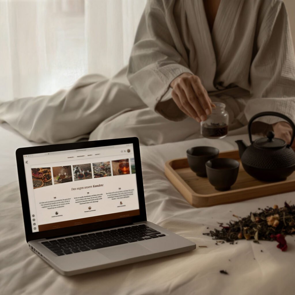 Laptop mit geöffneter Website einer Teemanufaktur, daneben Teekanne, Teetassen und Teeblätter auf einem Tablett – Darstellung von Webdesign im Alltag.