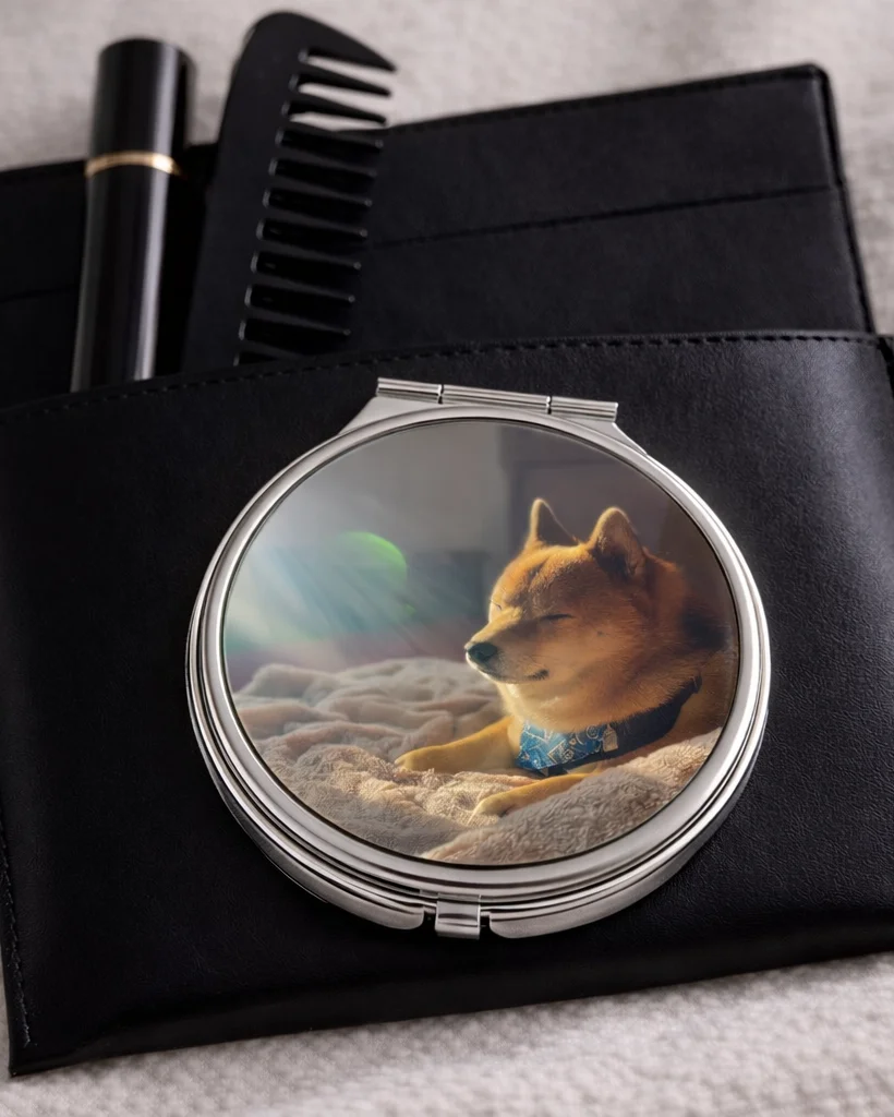 Personalisierter Kosmetikspiegel mit eigenem Foto (Hundemotiv) in eleganter Silberoptik – Werbeagentur teyape.design Graz Titel: Personalisierter Kosmetikspiegel mit Foto | teyape.design Graz